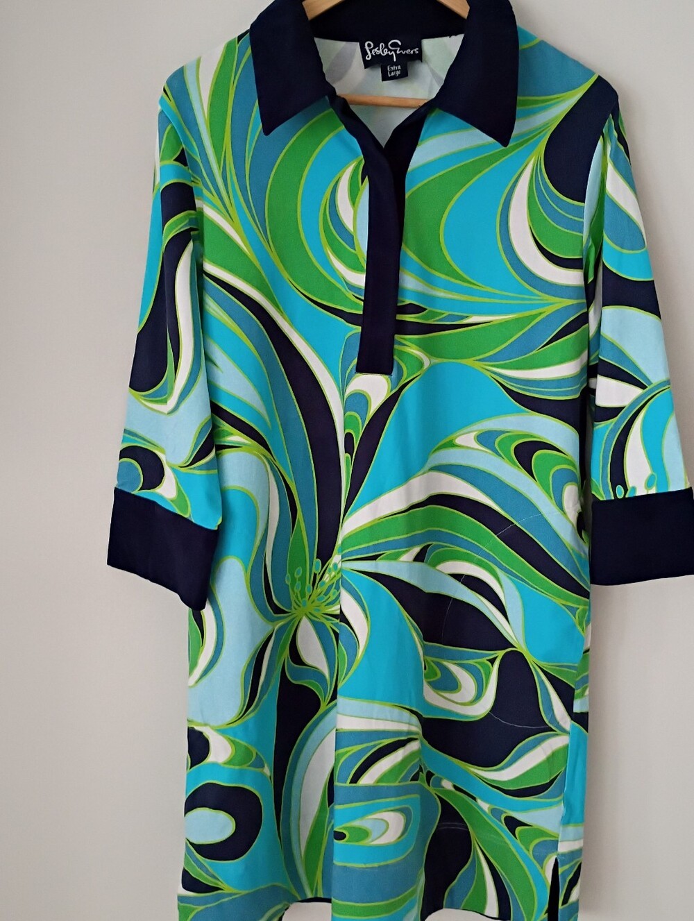 Lesley Evers Reese Dress Del Mar Navy Blue Floral Print Pockets 60s Mod Twiggy